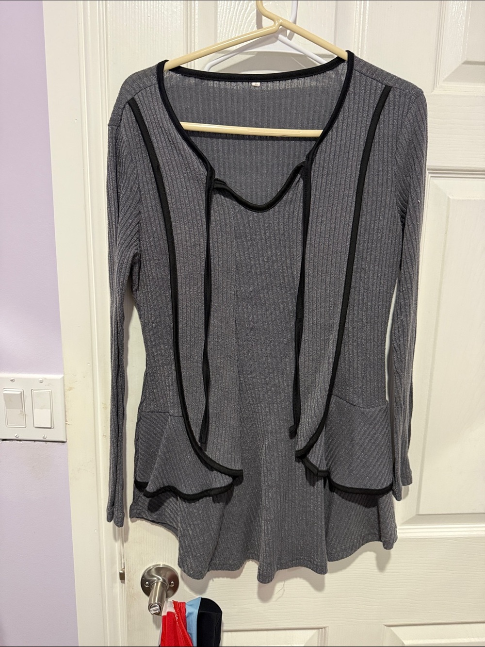 Grey Ribbed Long-Sleeve Tunic Top with Black Trim